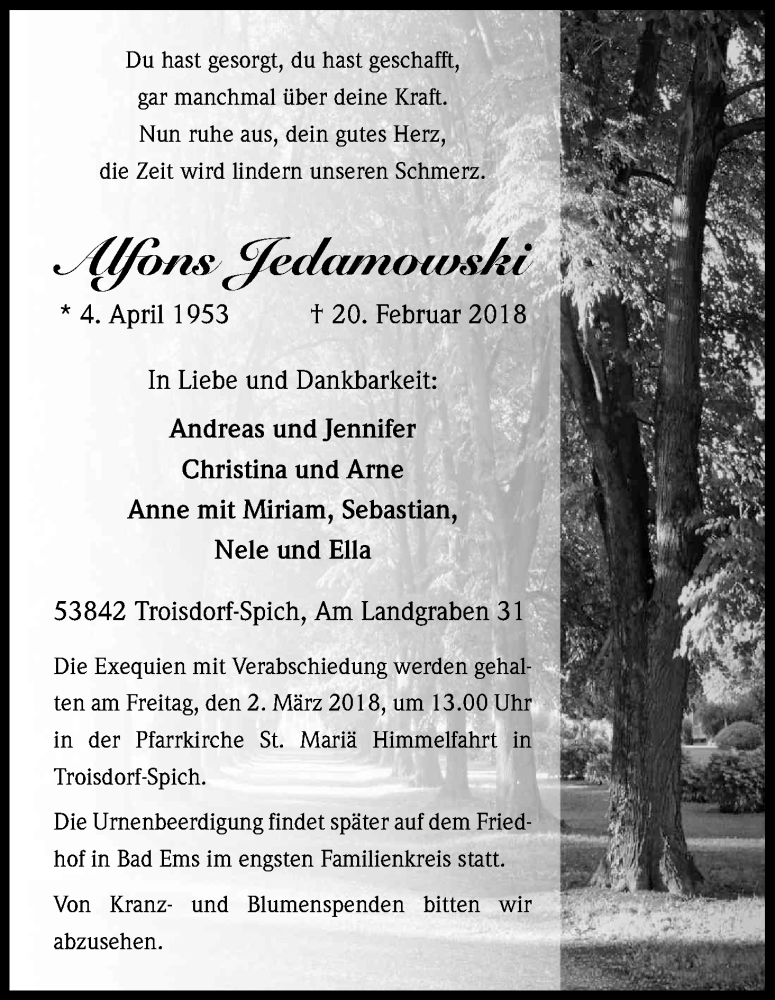  Traueranzeige für Alfons Jedamowski vom 24.02.2018 aus Kölner Stadt-Anzeiger / Kölnische Rundschau / Express