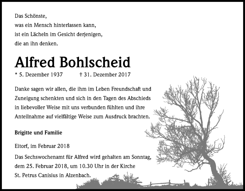 Traueranzeige für Alfred Bohlscheid vom 09.02.2018 aus Kölner Stadt-Anzeiger / Kölnische Rundschau / Express