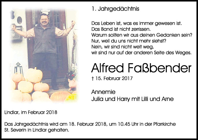  Traueranzeige für Alfred Faßbender vom 17.02.2018 aus Kölner Stadt-Anzeiger / Kölnische Rundschau / Express