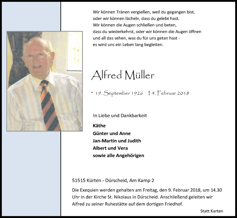  Traueranzeige für Alfred Müller vom 06.02.2018 aus Kölner Stadt-Anzeiger / Kölnische Rundschau / Express