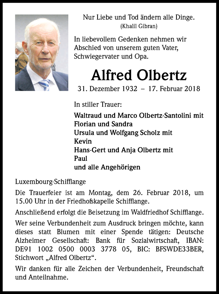  Traueranzeige für Alfred Olbertz vom 24.02.2018 aus Kölner Stadt-Anzeiger / Kölnische Rundschau / Express