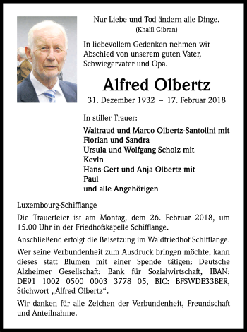 Anzeige von Alfred Olbertz von Kölner Stadt-Anzeiger / Kölnische Rundschau / Express
