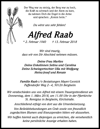 Anzeige von Alfred Raab von Kölner Stadt-Anzeiger / Kölnische Rundschau / Express
