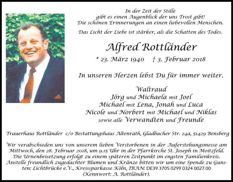  Traueranzeige für Alfred Rottländer vom 21.02.2018 aus Kölner Stadt-Anzeiger / Kölnische Rundschau / Express
