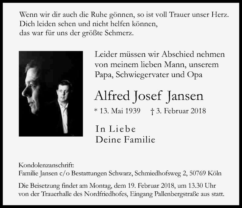  Traueranzeige für Alfred Josef Jansen vom 14.02.2018 aus Kölner Stadt-Anzeiger / Kölnische Rundschau / Express