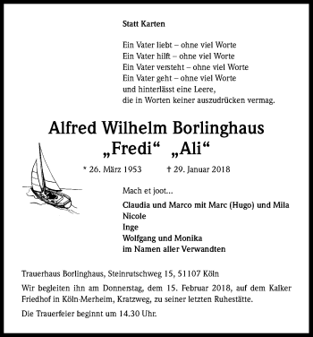 Anzeige von Alfred Wilhelm Borlinghaus von Kölner Stadt-Anzeiger / Kölnische Rundschau / Express
