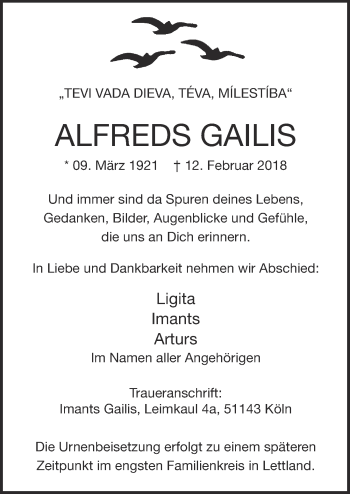 Anzeige von Alfreds Gailis von  Kölner Wochenspiegel 