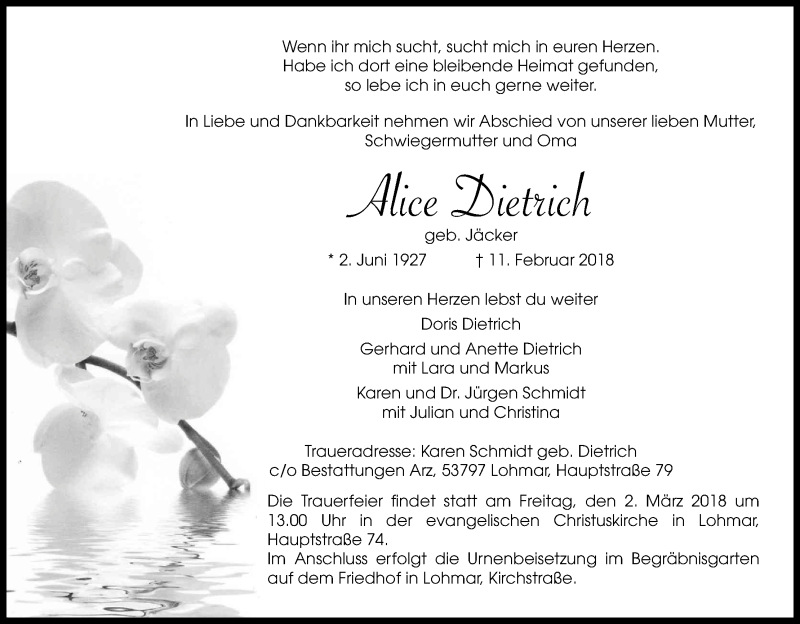  Traueranzeige für Alice Dietrich vom 24.02.2018 aus Kölner Stadt-Anzeiger / Kölnische Rundschau / Express