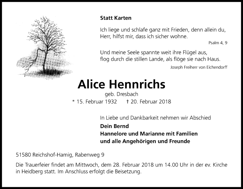  Traueranzeige für Alice Hennrichs vom 24.02.2018 aus Kölner Stadt-Anzeiger / Kölnische Rundschau / Express