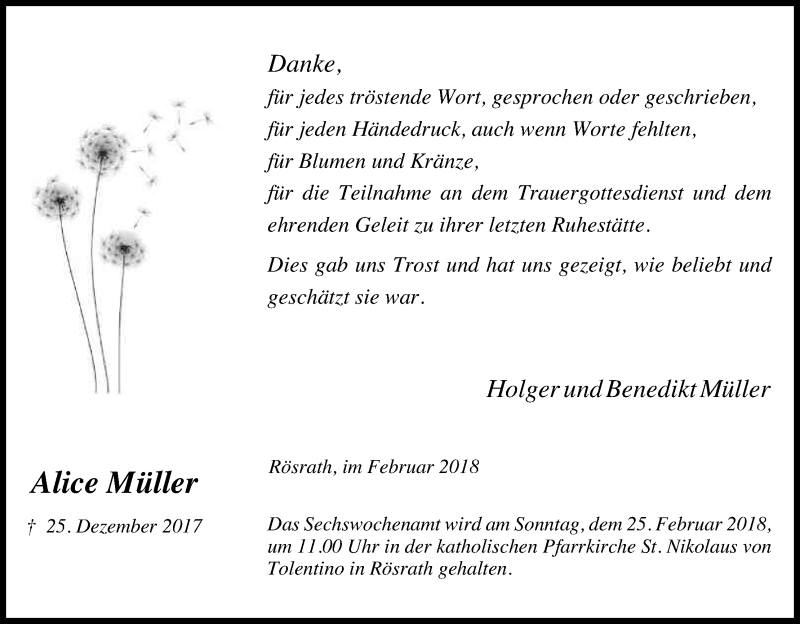  Traueranzeige für Alice Müller vom 17.02.2018 aus Kölner Stadt-Anzeiger / Kölnische Rundschau / Express
