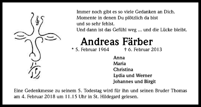  Traueranzeige für Andreas Färber vom 02.02.2018 aus Kölner Stadt-Anzeiger / Kölnische Rundschau / Express