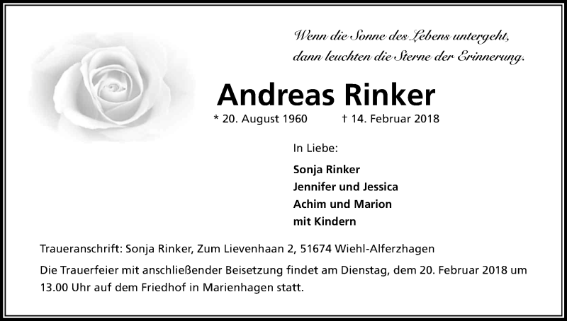  Traueranzeige für Andreas Rinker vom 17.02.2018 aus Kölner Stadt-Anzeiger / Kölnische Rundschau / Express