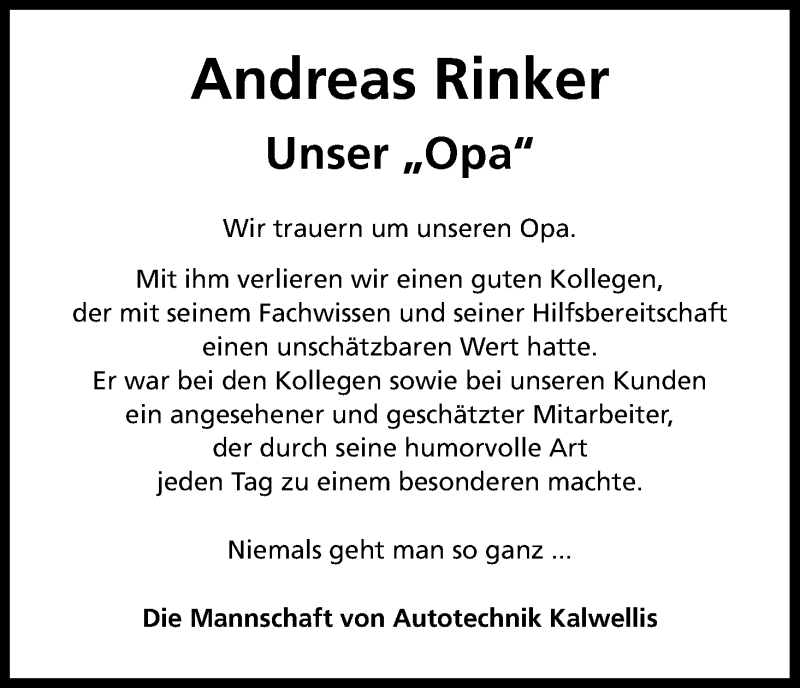  Traueranzeige für Andreas Rinker vom 17.02.2018 aus Kölner Stadt-Anzeiger / Kölnische Rundschau / Express