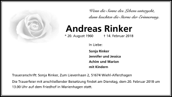 Anzeige von Andreas Rinker von Kölner Stadt-Anzeiger / Kölnische Rundschau / Express