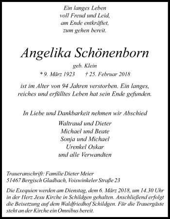 Anzeige von Angelika Schönenborn von Kölner Stadt-Anzeiger / Kölnische Rundschau / Express