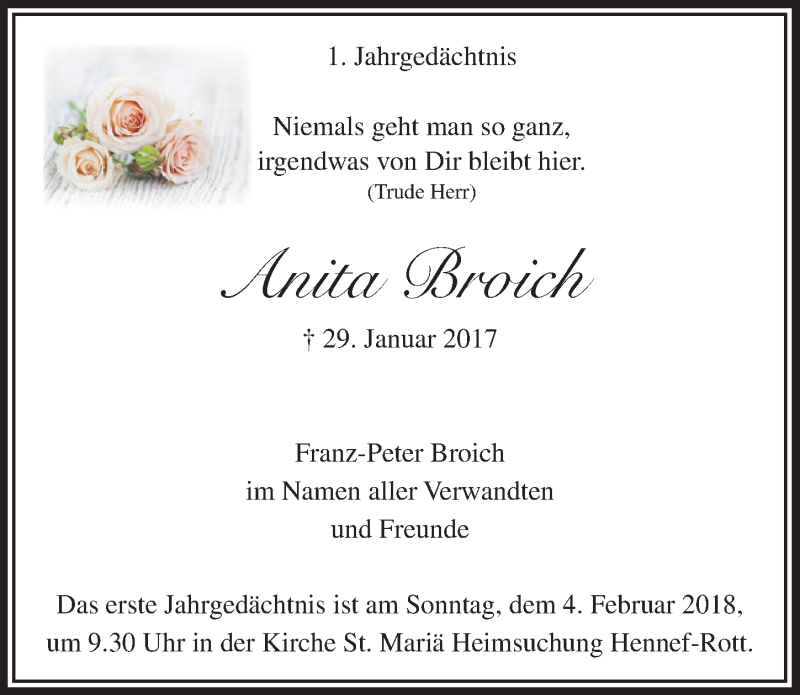  Traueranzeige für Anita Broich vom 31.01.2018 aus  Extra Blatt 