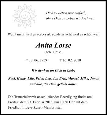 Anzeige von Anita Lorse von Kölner Stadt-Anzeiger / Kölnische Rundschau / Express