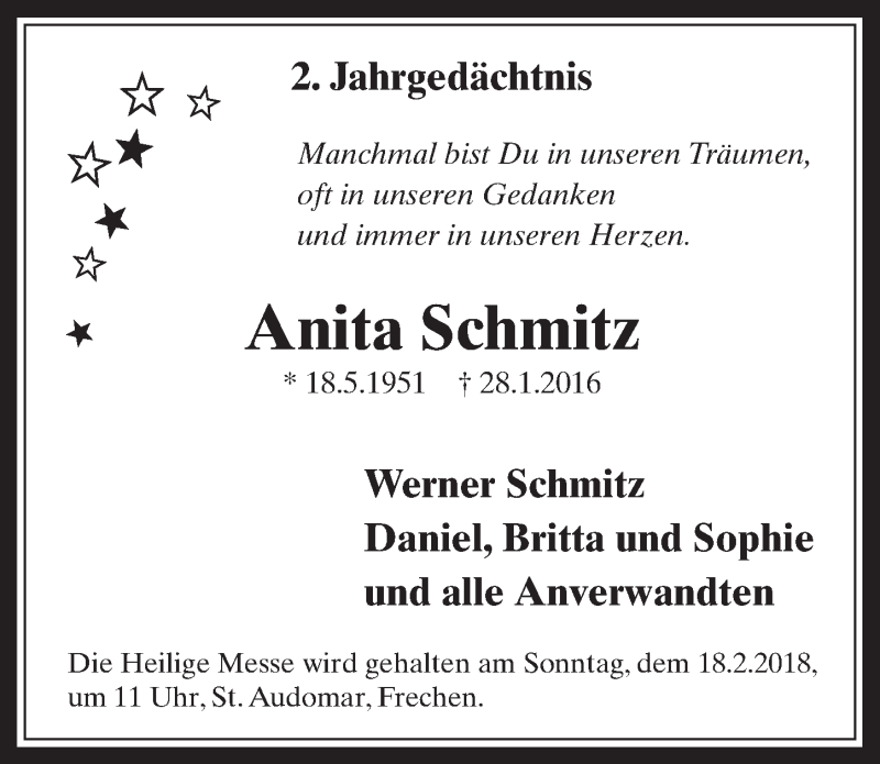  Traueranzeige für Anita Schmitz vom 14.02.2018 aus  Wochenende 