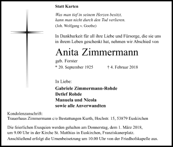 Anzeige von Anita Zimmermann von Kölner Stadt-Anzeiger / Kölnische Rundschau / Express