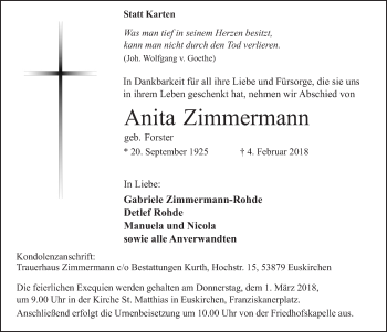 Anzeige von Anita Zimmermann von  Blickpunkt Euskirchen 