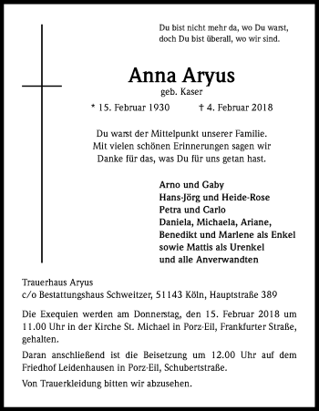 Anzeige von Anna Aryus von Kölner Stadt-Anzeiger / Kölnische Rundschau / Express