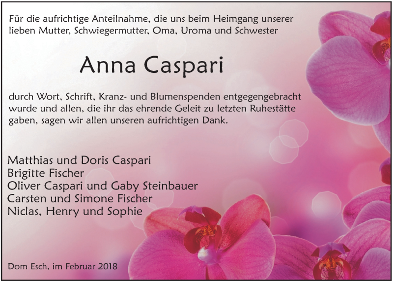  Traueranzeige für Anna Caspari vom 17.02.2018 aus  Blickpunkt Euskirchen 