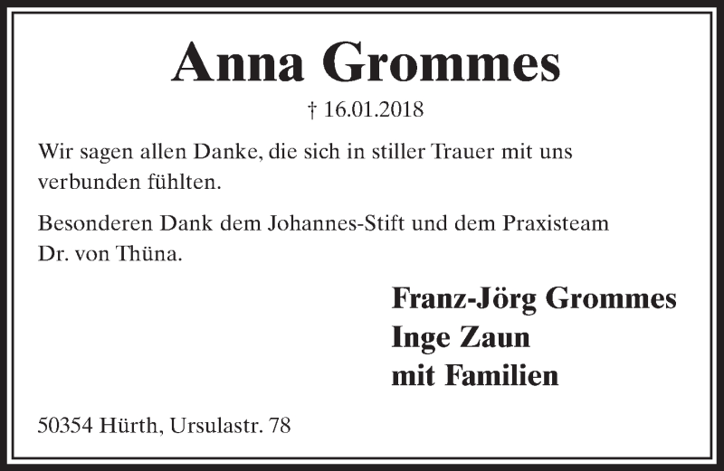  Traueranzeige für Anna Grommes vom 07.02.2018 aus  Schlossbote/Werbekurier 