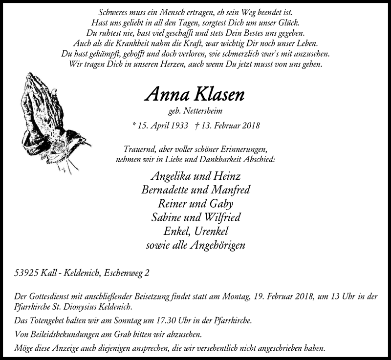  Traueranzeige für Anna Klasen vom 15.02.2018 aus Kölner Stadt-Anzeiger / Kölnische Rundschau / Express