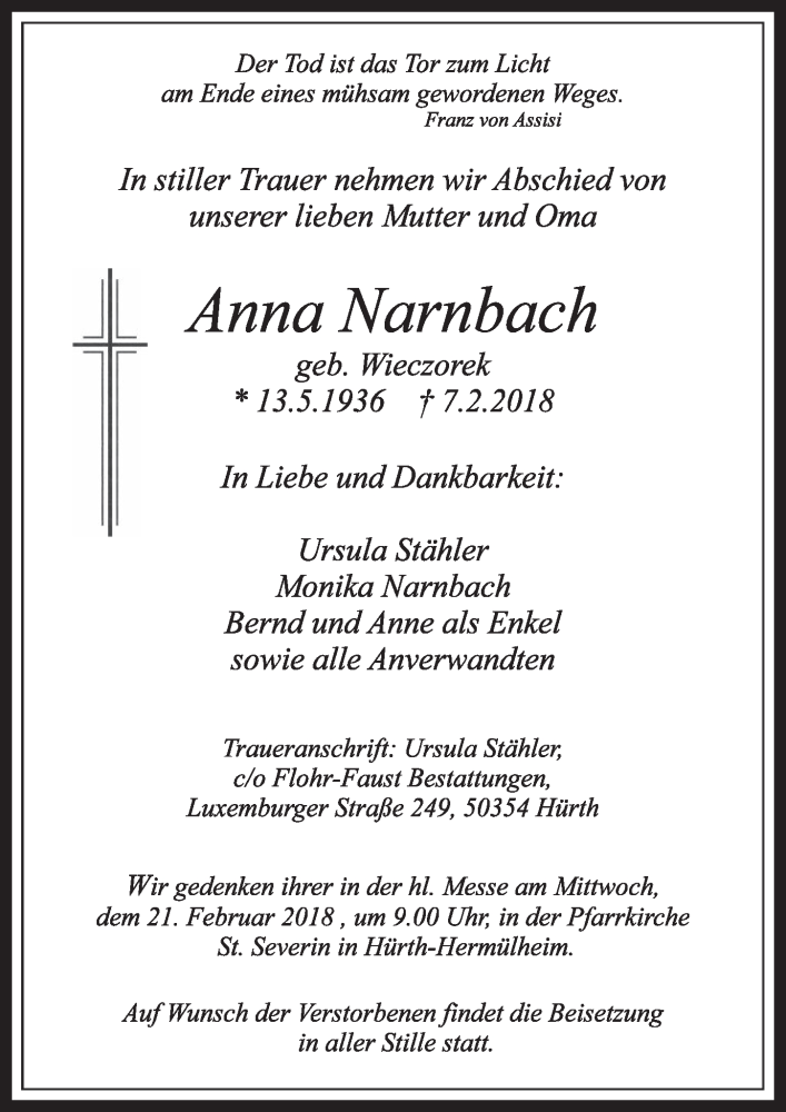  Traueranzeige für Anna Narnbach vom 17.02.2018 aus  Sonntags-Post 
