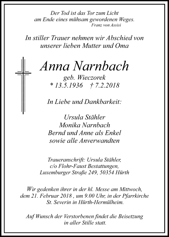  Traueranzeige für Anna Narnbach vom 17.02.2018 aus Kölner Stadt-Anzeiger / Kölnische Rundschau / Express