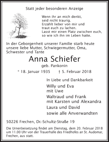 Anzeige von Anna Schiefer von  Sonntags-Post 