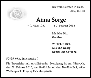 Anzeige von Anna Sorge von Kölner Stadt-Anzeiger / Kölnische Rundschau / Express
