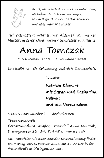 Anzeige von Anna Tomczak von  Anzeigen Echo 