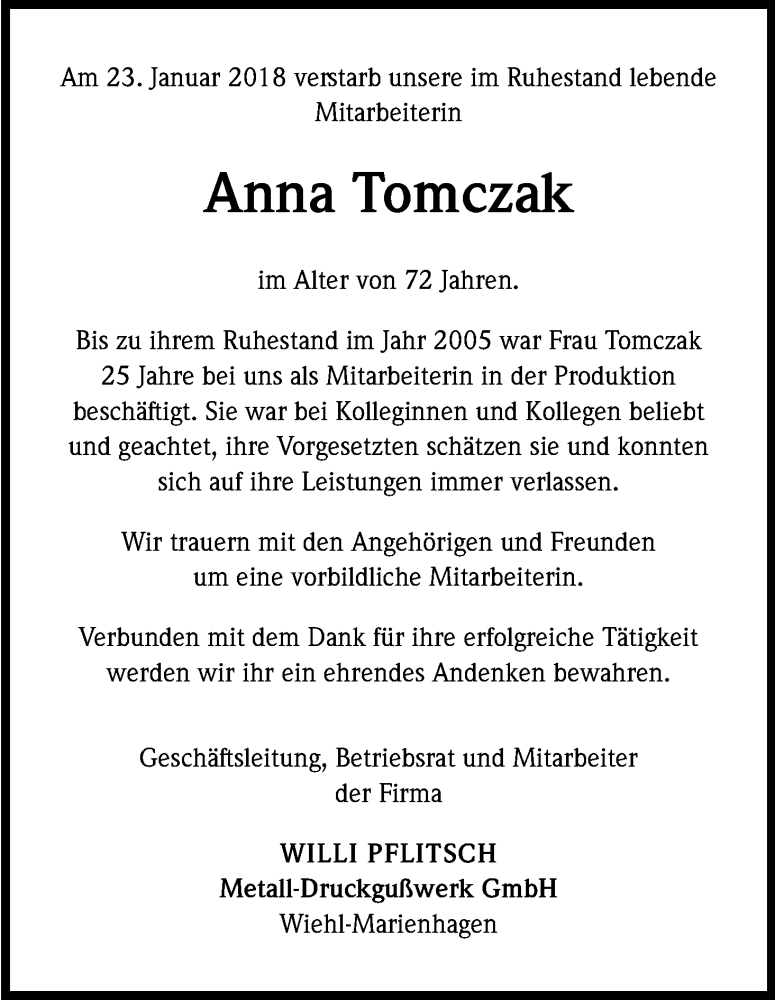  Traueranzeige für Anna Tomczak vom 10.02.2018 aus Kölner Stadt-Anzeiger / Kölnische Rundschau / Express