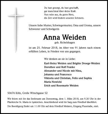 Anzeige von Anna Weiden von Kölner Stadt-Anzeiger / Kölnische Rundschau / Express