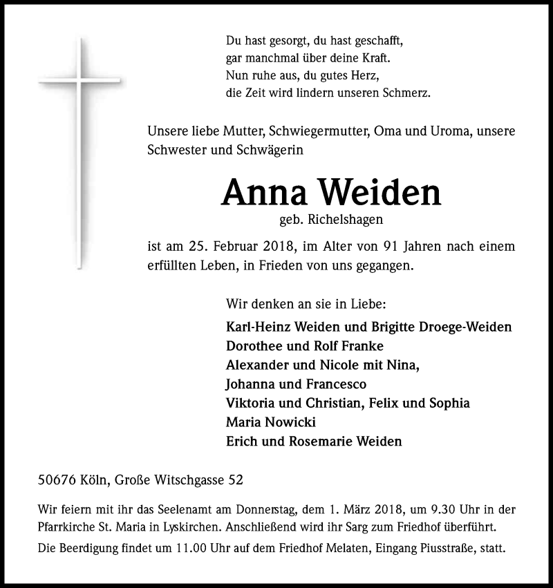 Traueranzeige für Anna Weiden vom 28.02.2018 aus Kölner Stadt-Anzeiger / Kölnische Rundschau / Express