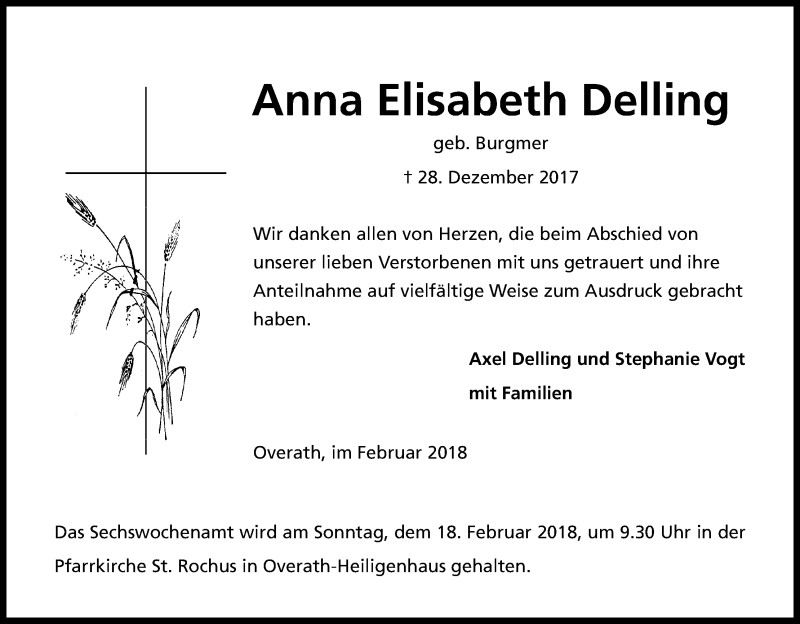  Traueranzeige für Anna Elisabeth Delling vom 10.02.2018 aus Kölner Stadt-Anzeiger / Kölnische Rundschau / Express