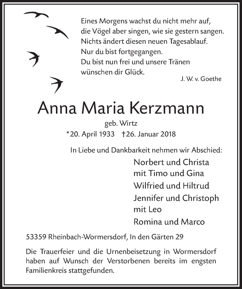 Traueranzeige für Anna Maria Kerzmann vom 07.02.2018 aus  Schaufenster/Blickpunkt 