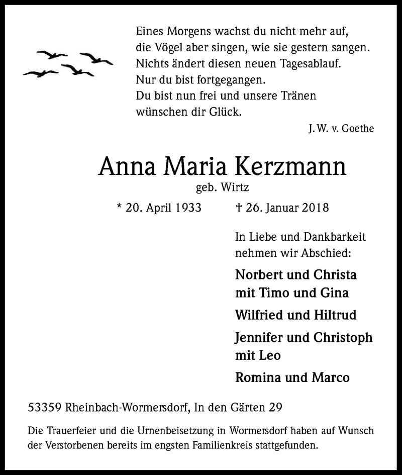  Traueranzeige für Anna Maria Kerzmann vom 07.02.2018 aus Kölner Stadt-Anzeiger / Kölnische Rundschau / Express