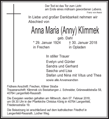 Anzeige von Anna Maria Klimmek von  Sonntags-Post 