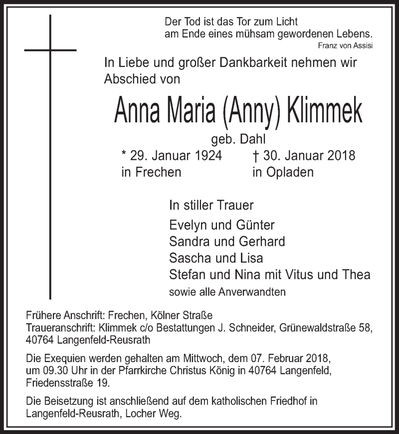  Traueranzeige für Anna Maria Klimmek vom 03.02.2018 aus  Sonntags-Post 