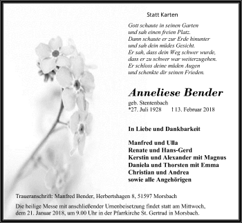 Anzeige von Anneliese Bender von Kölner Stadt-Anzeiger / Kölnische Rundschau / Express