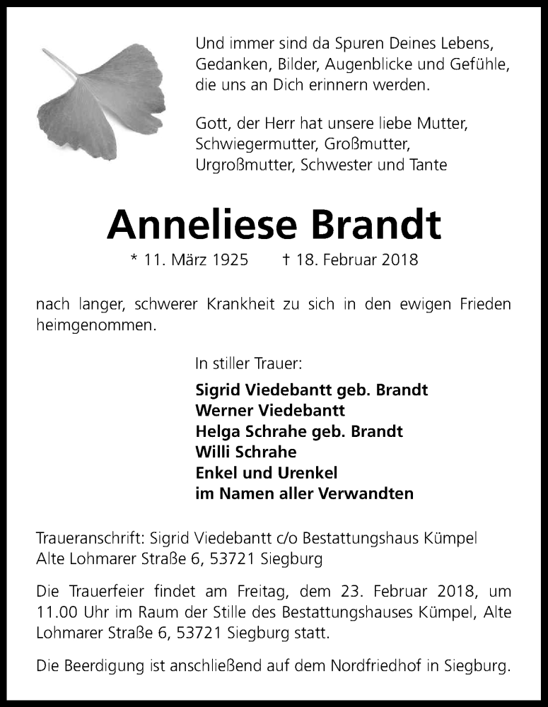  Traueranzeige für Anneliese Brandt vom 22.02.2018 aus Kölner Stadt-Anzeiger / Kölnische Rundschau / Express
