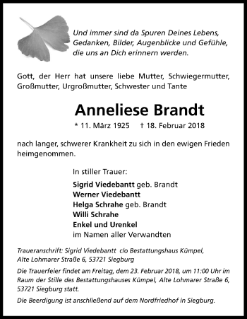 Anzeige von Anneliese Brandt von Kölner Stadt-Anzeiger / Kölnische Rundschau / Express