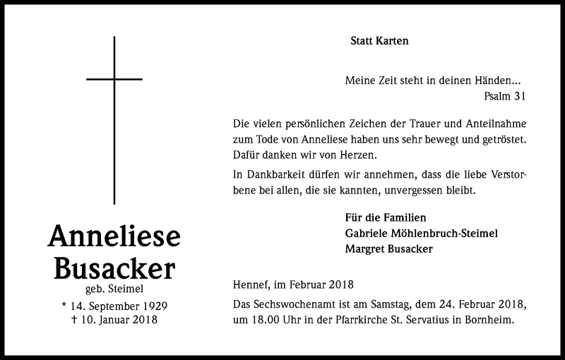  Traueranzeige für Anneliese Busacker vom 03.02.2018 aus Kölner Stadt-Anzeiger / Kölnische Rundschau / Express