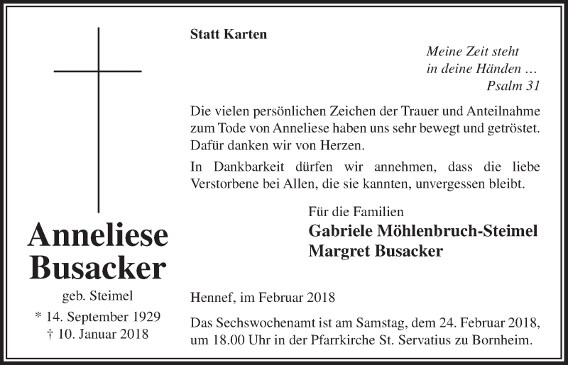  Traueranzeige für Anneliese Busacker vom 07.02.2018 aus  Schaufenster/Blickpunkt 