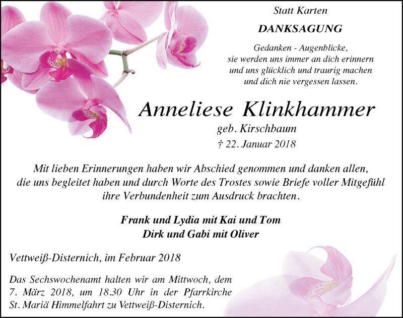  Traueranzeige für Anneliese Klinkhammer vom 24.02.2018 aus  Blickpunkt Euskirchen 