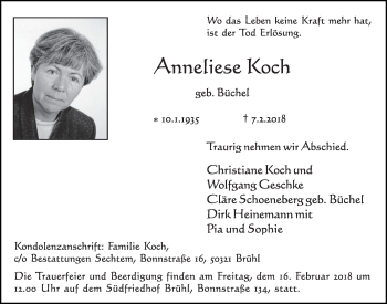 Anzeige von Anneliese Koch von  Schlossbote/Werbekurier 