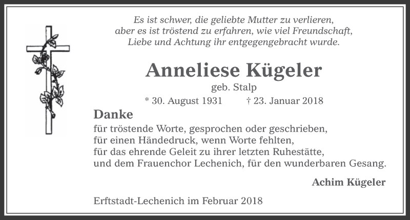  Traueranzeige für Anneliese Kügeler vom 28.02.2018 aus  Werbepost 