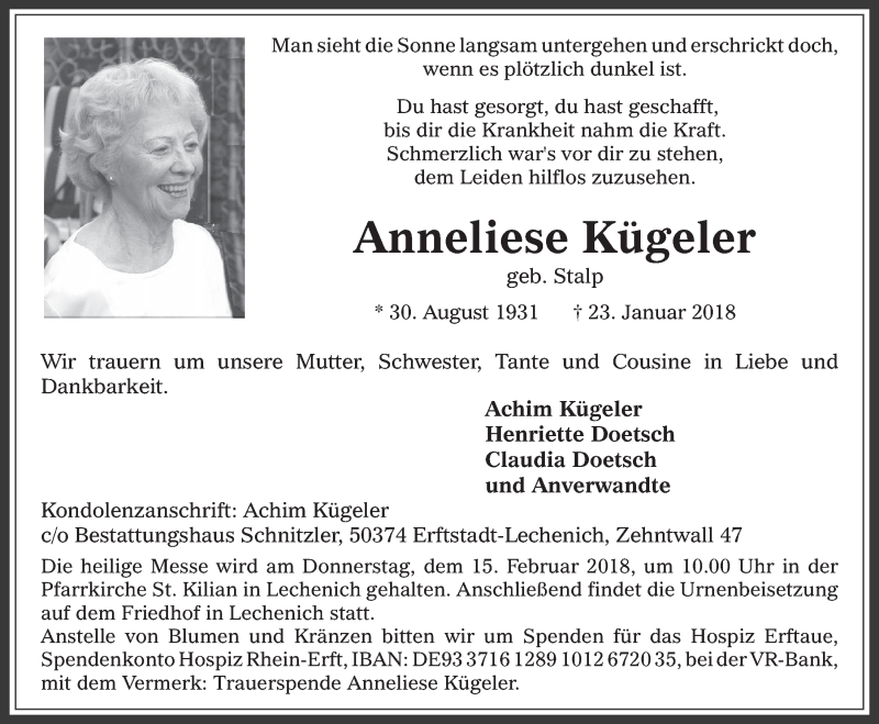  Traueranzeige für Anneliese Kügeler vom 07.02.2018 aus  Werbepost 